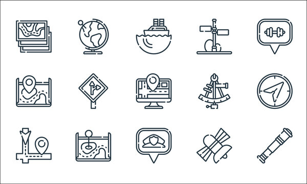 navigation and maps line icons. linear set. quality vector line set such as telescope, police station, route, satellite, map, map, sextant, road, globe.