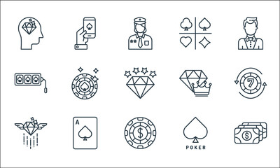 casino line icons. linear set. quality vector line set such as money, casino chip, diamond, casino, poker cards, jackpot machine, diamond, card game, smartphone.
