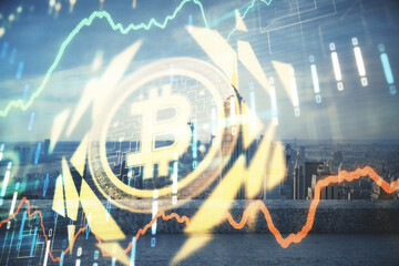 Double exposure of crypto currency theme hologram drawing and city veiw background. Concept of...