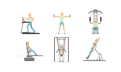 Astronaut Physical Training Set, Male Astronaut Doing Physical Workout, Running on Treadmill, Testing Flat Style Vector Illustration