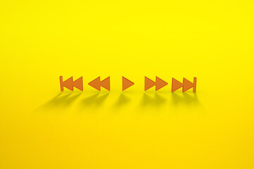 a set of music play buttons in a yellow background. 3D rendering.