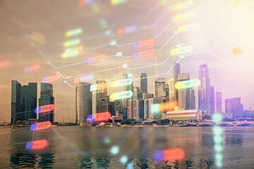 Data theme hologram drawing on city view with skyscrapers background multi exposure. Bigdata concept.