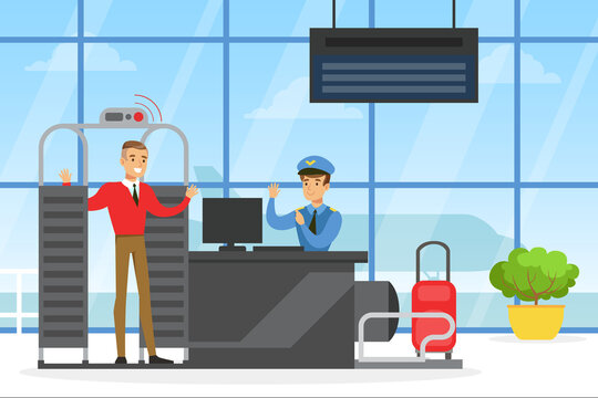 Male Passenger Passing Through Scanner at Security Check Point in Airport, People Travelling by Plane with Luggage Vector Illustration
