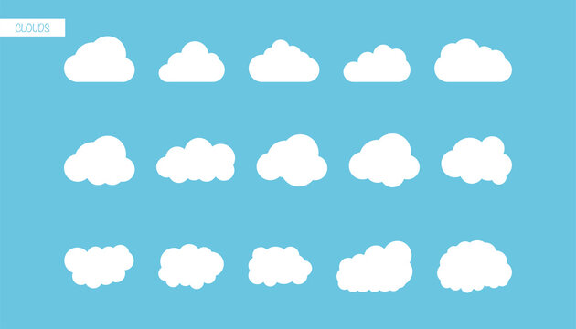 Set of clouds in flat design. Isolated bubble cloud icons. Fluffy cloudy sky. Modern simple style of forecast icons. White clouds on blue background. EPS 10.