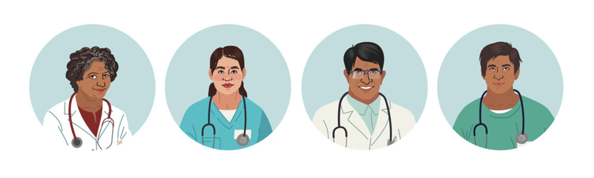 Indian Medics. Medical Characters. Doctors and nurses round portraits, team of doctors concept, medical office or laboratory. Modern flat vector concept digital people vector illustration