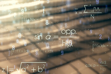 Abstract scientific formula hologram on blurry abstract metal background. Multiexposure