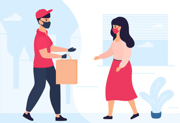 A courier wearing a protective mask and gloves delivers for woman purchase to home to the door. Safe delivery during the COVID-19 coronavirus pandemic