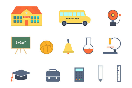 Set of school supply icons in flat design. Collection with schoold bus, graduation cap and bell ring. Isolated icons of backpack with chemistry sign. Math desk with pencil and ruler. EPS 10.