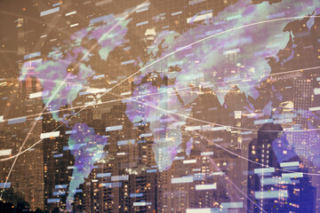 Data theme hologram drawing on city view with skyscrapers background double exposure. Ai concept.