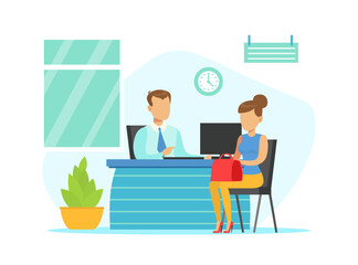 Bank Manager Consulting Female Client, Bank Interior with Counter Desk and Financial Consultant, Bank Service Vector Illustration
