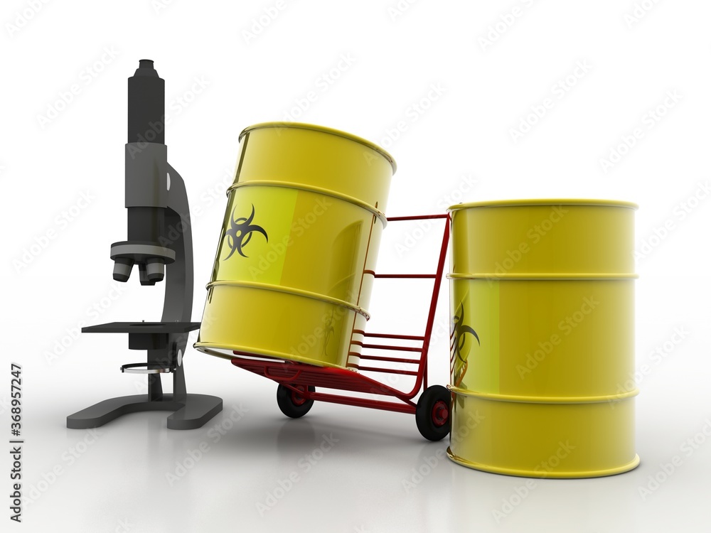 Poster 3d rendering virus testing microscope with medicine bottle