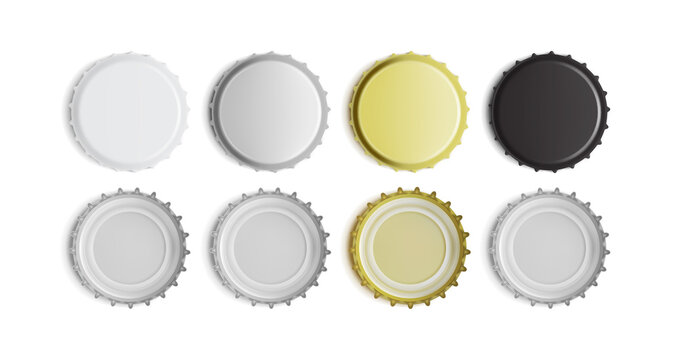 white, black, silver and gold bottle cap top and bottom view isolated on white background
