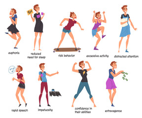 Bipolar Disorder Symptoms Set, Manic Depressive Illlness, Mental Health Concept Cartoon Style Vector Illustration