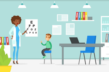 Optometrist Checking Boy Eyesight with Test Chart, Doctor Woman Doing Medical Examination of Kid, Medical Service Concept Vector Illustration
