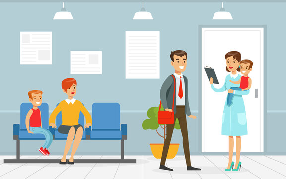Parent and Children Waiting for Doctor Appointment in Pediatrician Office, People Sitting on Chairs in Hospital, Medical Service Concept Vector Illustration