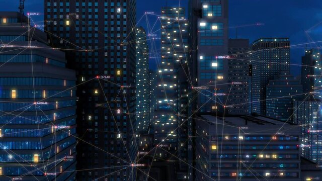 ランダムな数字のホログラムが浮遊する大都市を飛行する3Dモーショングラフィックス