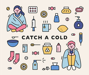 Characters with colds and icons related to colds.