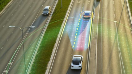 Following Aerial Top Down Drone View: Autonomous Self Driving Car Moving Through City Highway, Overtaking Cars
