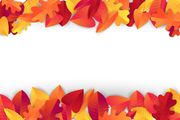Autumn leaves background. Fall banner template. Red and orange foliage. Thanksgiving season holiday concept. Realistic 3d vector illustration.
