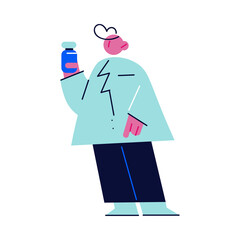 Man standing and holding medical product in bottle to buy in pharmacy