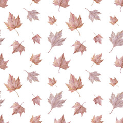 Watercolor blush autumn leaves background. Pink maple foliage seamless pattern. Hand-drawn Thanksgiving illustration.