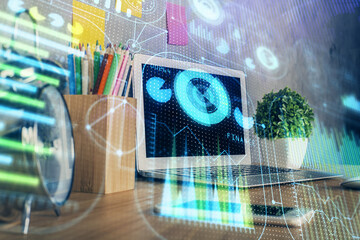 Fototapeta na wymiar Multi exposure of desktop with computer on background and tech theme drawing. Concept of big data.