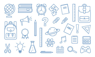 School supplies icons isolated on white background. Blue line design. Vector illustration