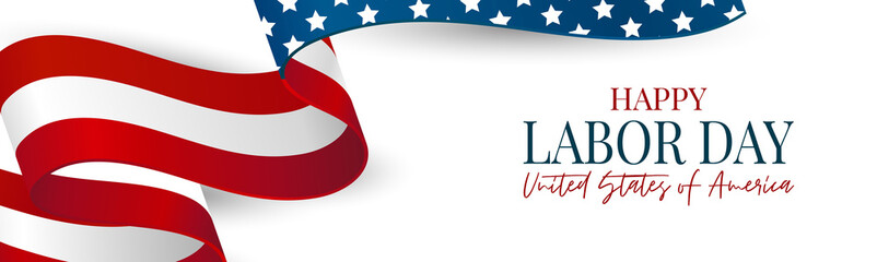 Labor Day banner. USA national federal holiday header design. American flag waving ribbon background. Realistic vector illustration.