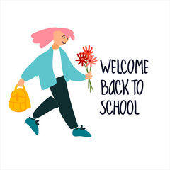 Welcome Back to School banner. Schoolgirl with flowers vector illustration in flat style design and hand lettering