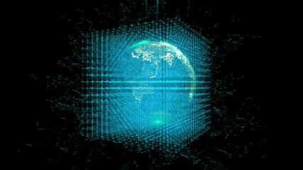 4k digital data globe with Binary code grid mesh;a scientific tech data network surrounding planet earth;Satellite data download.computing progress. - Powered by Adobe