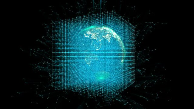 4k digital data globe with Binary code grid mesh;a scientific tech data network surrounding planet earth;Satellite data download.computing progress.