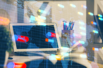 Fototapeta premium Double exposure of desktop with personal computer on background and tech theme drawing. Concept of data analysis.