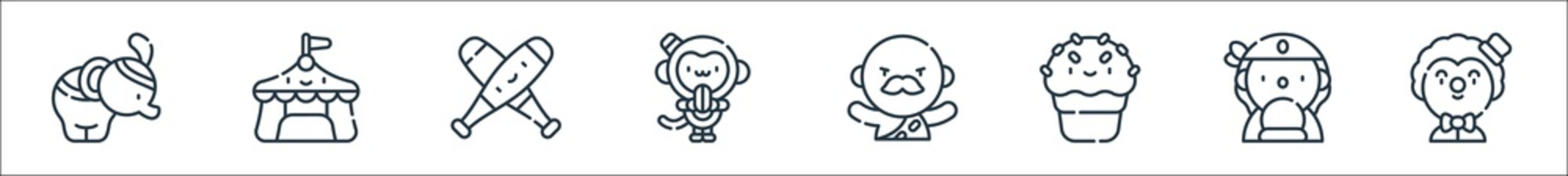 Circus Line Icons. Linear Set. Quality Vector Line Set Such As Clown, Fortune Teller, Ice Cream, Strong, Monkey, Juggling, Circus Tent.