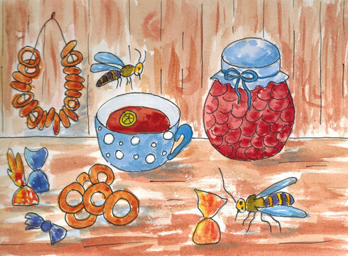 
Illustration With Tea, Jam, Bagels, Sweets And Wasps. Suitable For Children's Cards, Books, Fairy Tales. The Work Is Done In Watercolor.