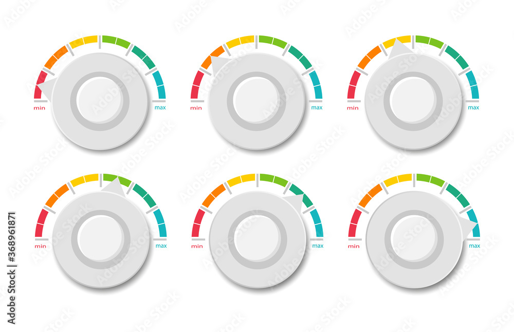 Poster collection colored speedometers. indicator scale. vector icon gauge. flat style.