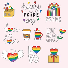 LGBTQ quote love box rainbow coffee cups hearts angle.EPS10.illustration.