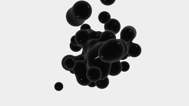 Black metaball 3d footage. Deforming organic rendering blob realistic animation. Fluid shape dissolving into small drops on white background. 4k footage.