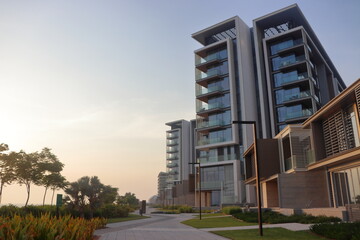 Townhouses in dubai on sea. Travelling in summer on holiday.