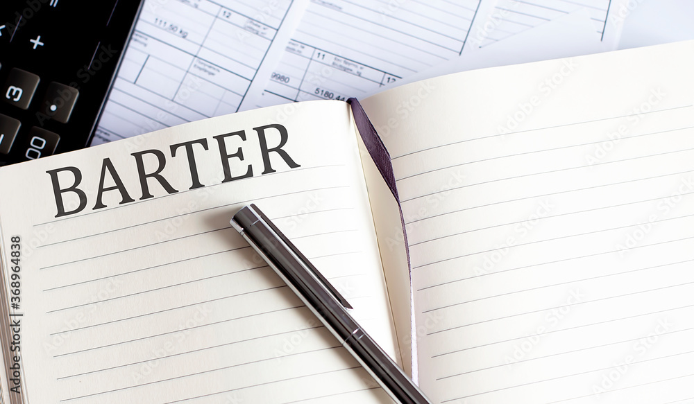 Poster notebook with toolls and notes about barter