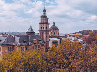 aerial autumn view of european city