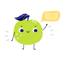 Cartoon apple saying hello. Funny fruit character isolated on white