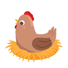 Cute hen on nest. Cartoon nesting bird isolated on white