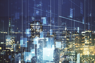 Naklejka premium Multi exposure of creative statistics data hologram on San Francisco skyscrapers background, stats and analytics concept
