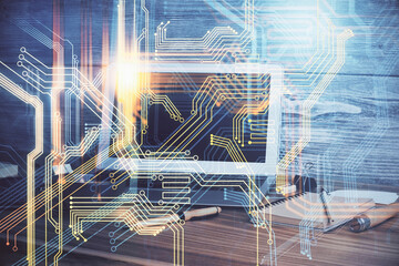 Multi exposure of table with computer and world map hologram. International data network concept.