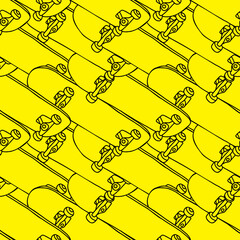 skateboard in overzichtsstijl hand tekening vector illustratie naadloze patroon geïsoleerd in gele background
