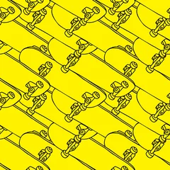 Behang Geel skateboard in overzichtsstijl hand tekening vector illustratie naadloze patroon geïsoleerd in gele background