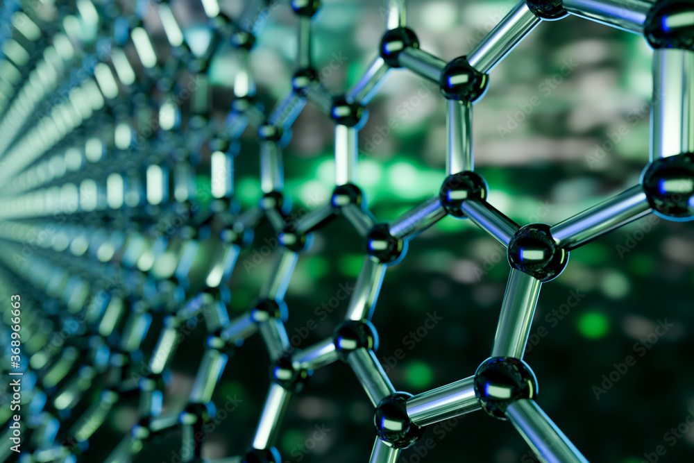 Poster graphene molecular nano technology structure on a green background - 3d rendering