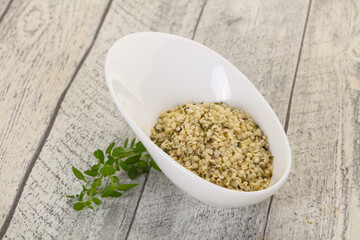 Peeled hemp seeds in the bowl