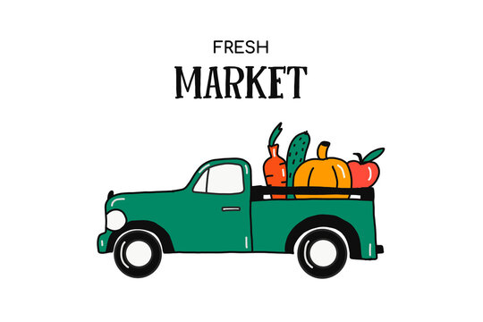 Farm fresh delivery design template. Classic vintage pickup truck with vegetables. Vector illustration