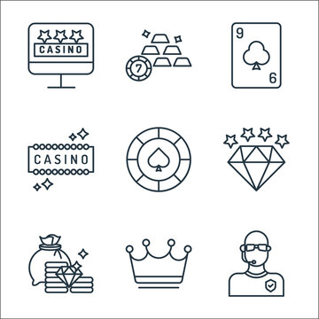 Casino Line Icons. Linear Set. Quality Vector Line Set Such As Bouncer, Monarchy, Jackpot, Diamond, Spade, Casino, Card Game, Gold Bars.